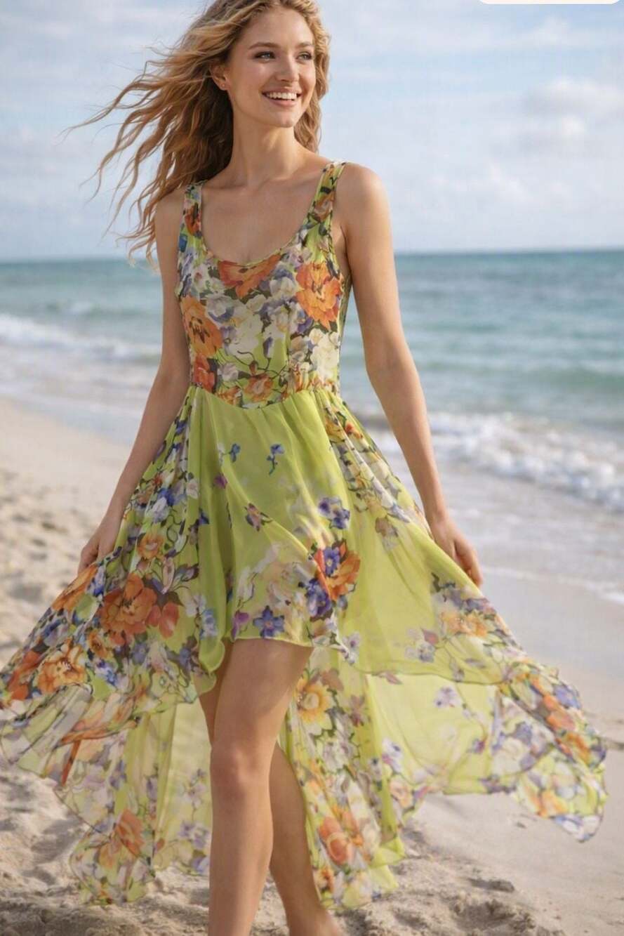 Pagani Floral Chiffon High-Low Sleeveless Dress Size 8 Summer Chic